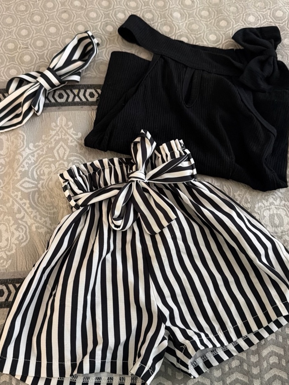 Black Ribbed One-Shoulder Top with Black & White Striped Paperbag Shorts Set